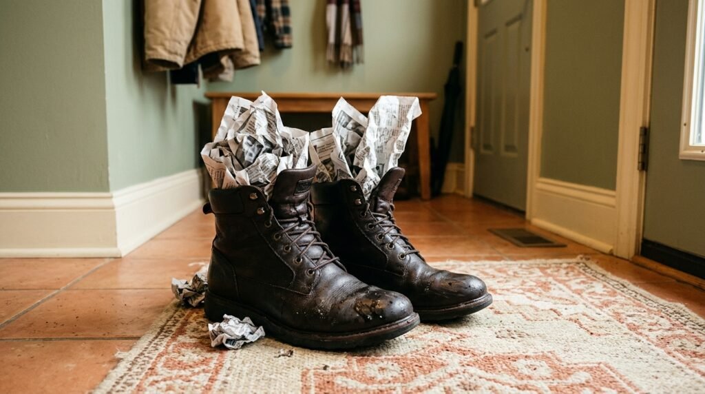 Wet boots stuffed with crumpled newspaper resting on a floor to air-dry.