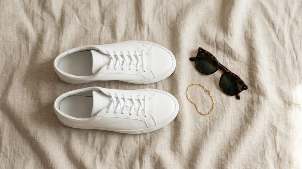 Flat-lay image of white leather sneakers next to sunglasses and a bracelet on linen fabric.