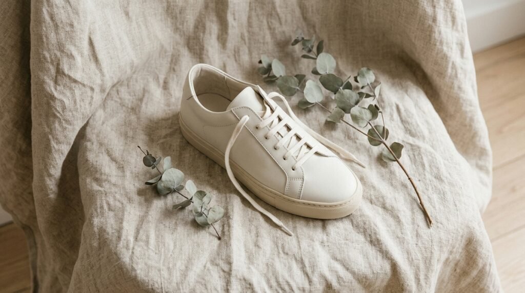 A minimalist white sneaker resting on a neutral beige linen fabric next to dried eucalyptus.