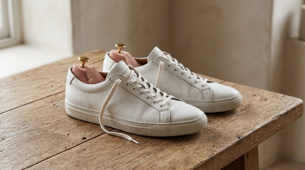 White leather sneakers fitted with cedar shoe trees resting on a neutral wooden surface.