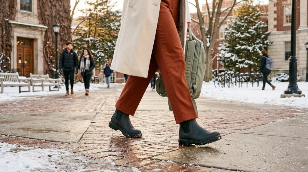 Tailored trousers and waterproof Chelsea boots in a winter school courtyard.