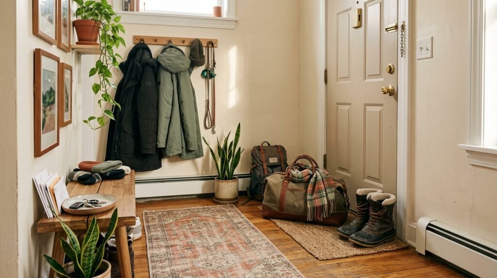 Winter travel boots resting neatly by an apartment entryway in daylight.
