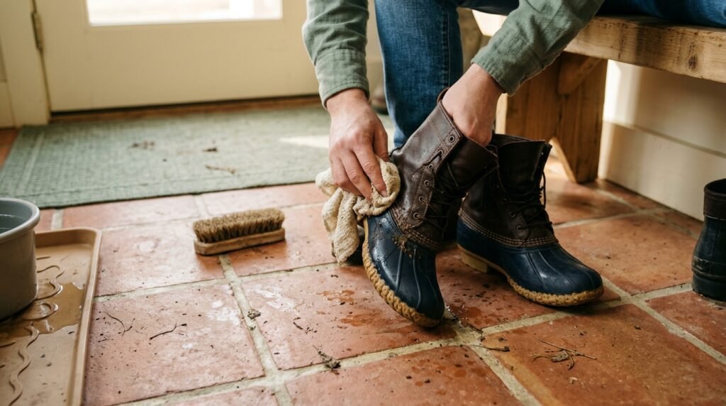 Duck boots being wiped down along their rubber lower seams on a mudroom floor.