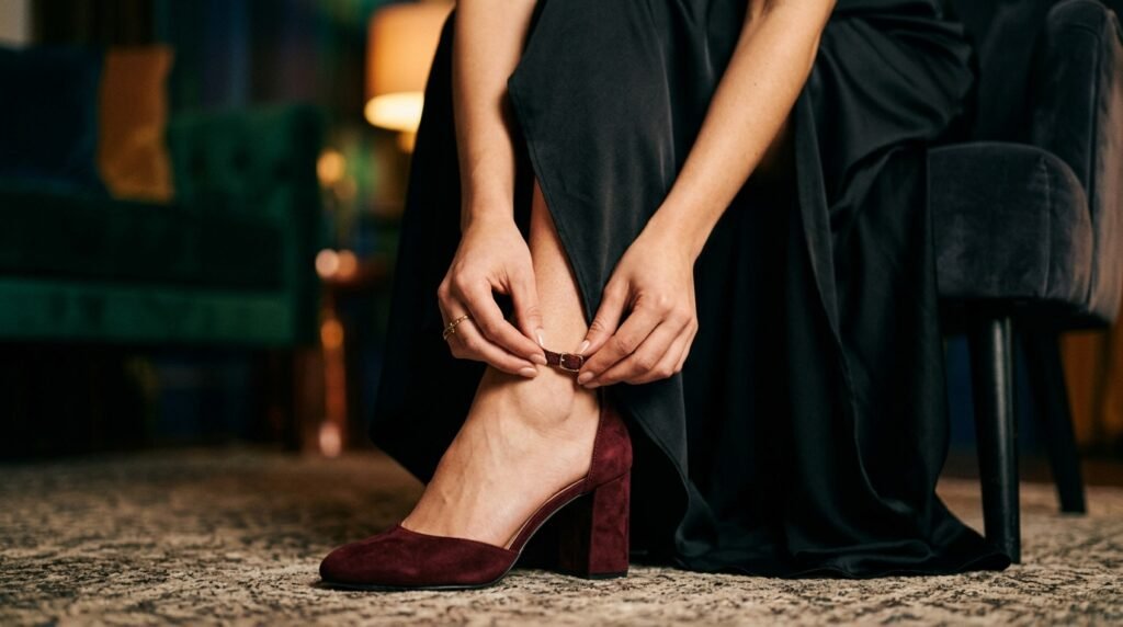 A woman wearing a black dress adjusts the thin strap of a burgundy suede block heel.