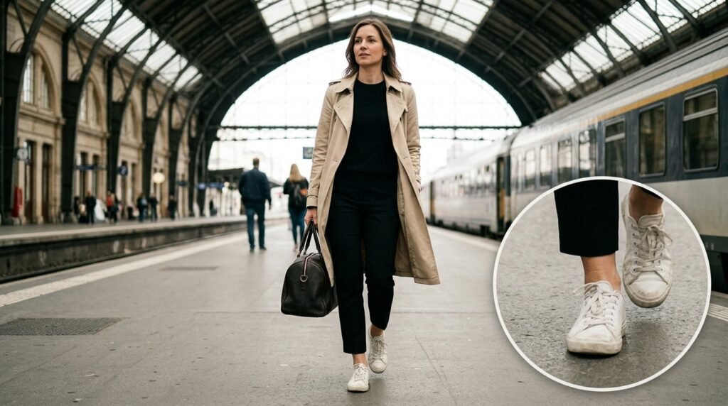 A woman at a train station wearing black trousers, a knit top, a trench coat, and sneakers.