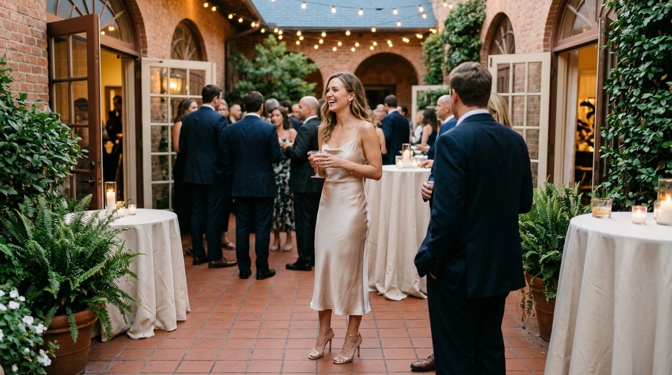 A woman wearing a champagne satin slip dress and gold strappy heels at an evening party.