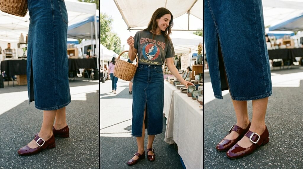 Denim midi skirt with a front slit styled with burgundy patent Mary Jane flats.