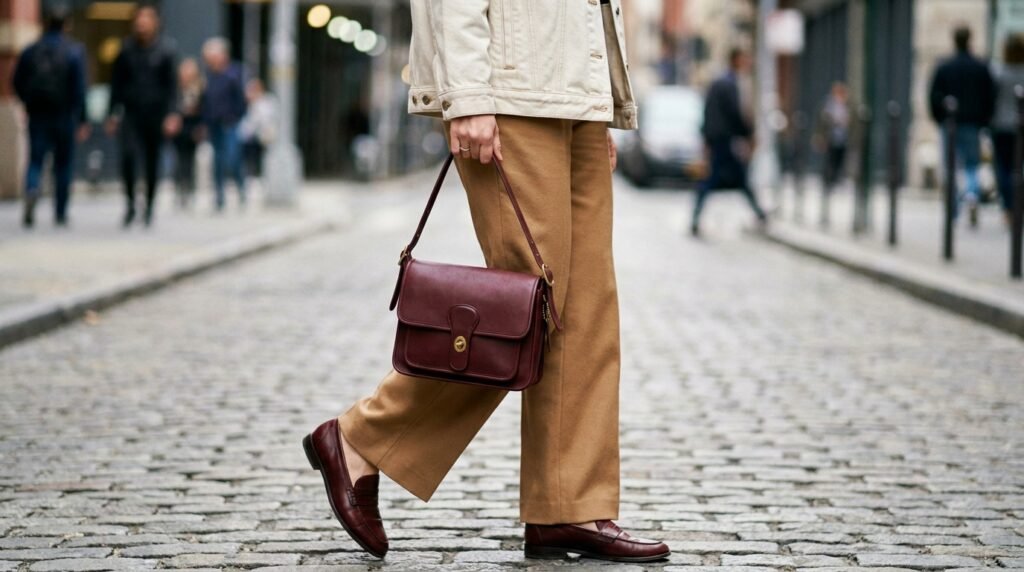 Matching burgundy leather shoulder bag and loafers worn with camel trousers.