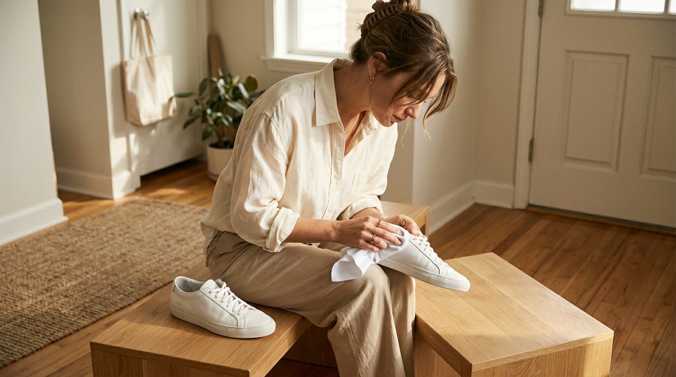 A woman wiping down clean white leather sneakers with a microfiber cloth in a sunlit apartment entryway.