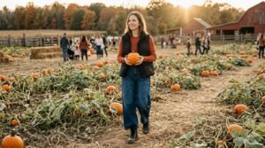 A stylish woman wearing an orange top, wide-leg jeans, a puffer vest, and combat boots in a sunny pumpkin patch.