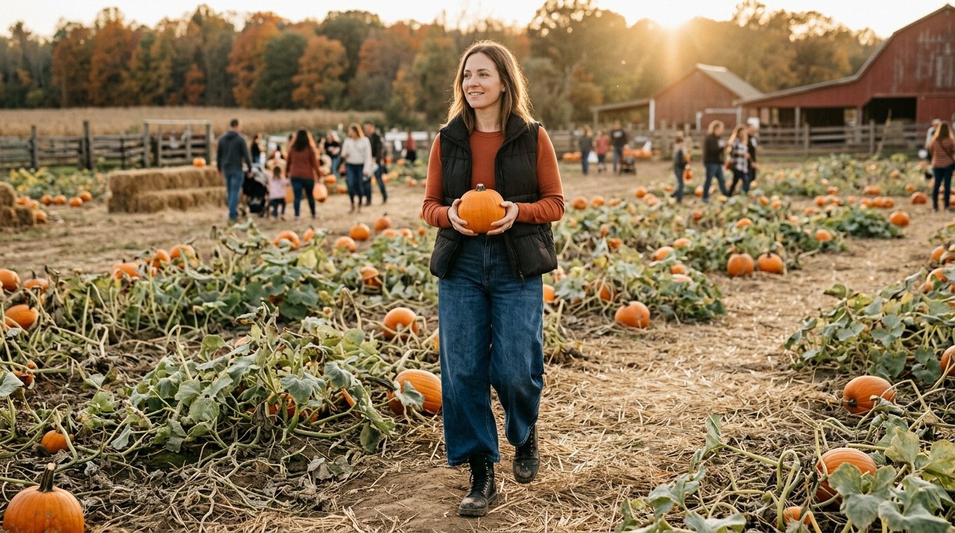 A stylish woman wearing an orange top, wide-leg jeans, a puffer vest, and combat boots in a sunny pumpkin patch.
