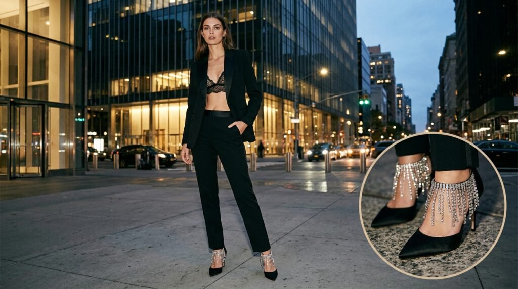 A woman wearing a tailored black tuxedo suit and crystal chandelier pumps against a wall.