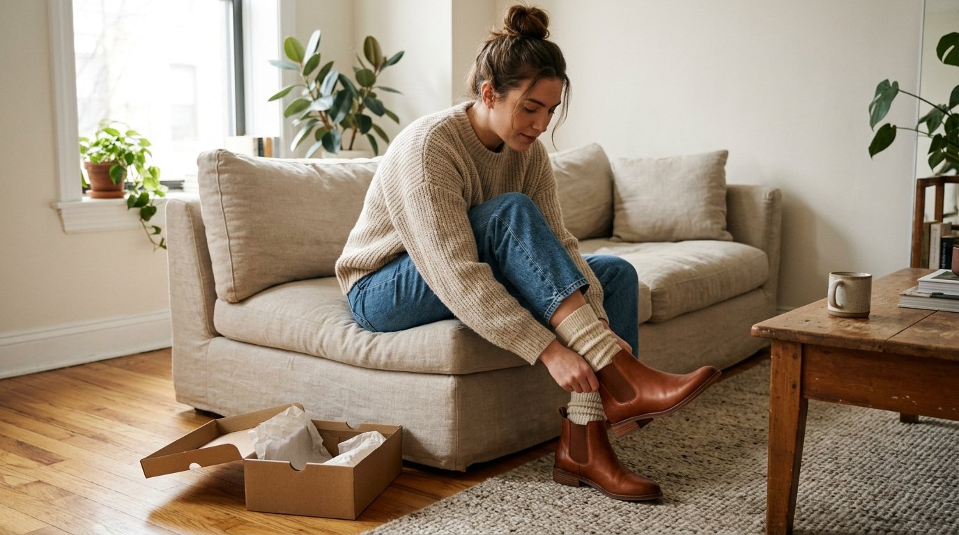 A woman wearing knit socks trying on new brown leather boots while sitting on a sofa.