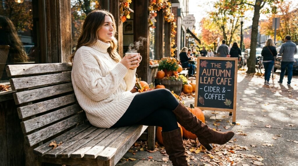 Woman wearing an oversized cream knit sweater, leggings, and chocolate suede knee-high boots.