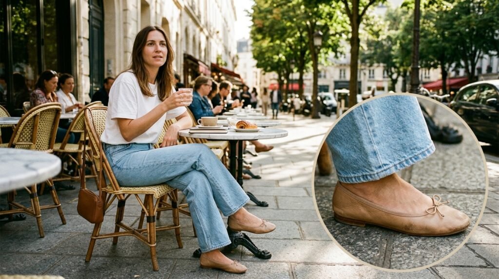 A woman sitting at a café wearing wide-leg jeans, a white tee, and leather ballet flats.