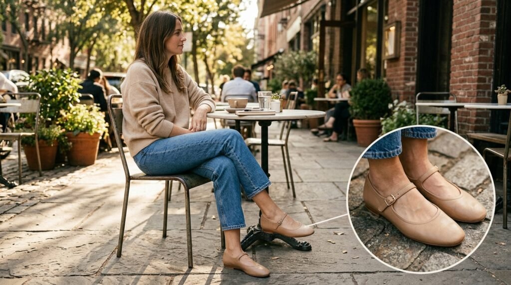 A woman sitting at a cafe wearing straight-leg jeans, a beige sweater, and neutral leather Mary Janes.