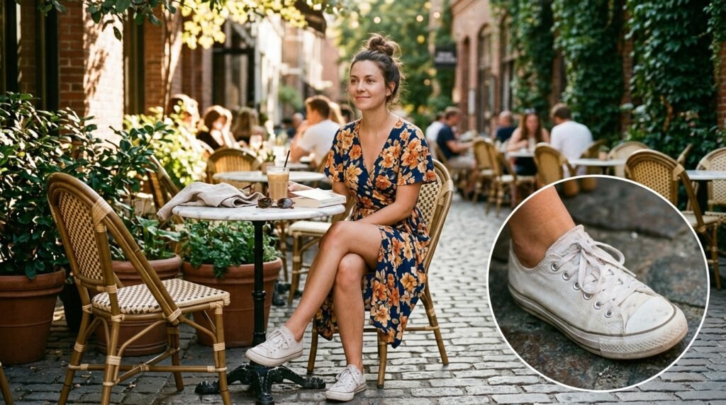 A woman sitting at a café wearing a floral wrap dress and white canvas sneakers.