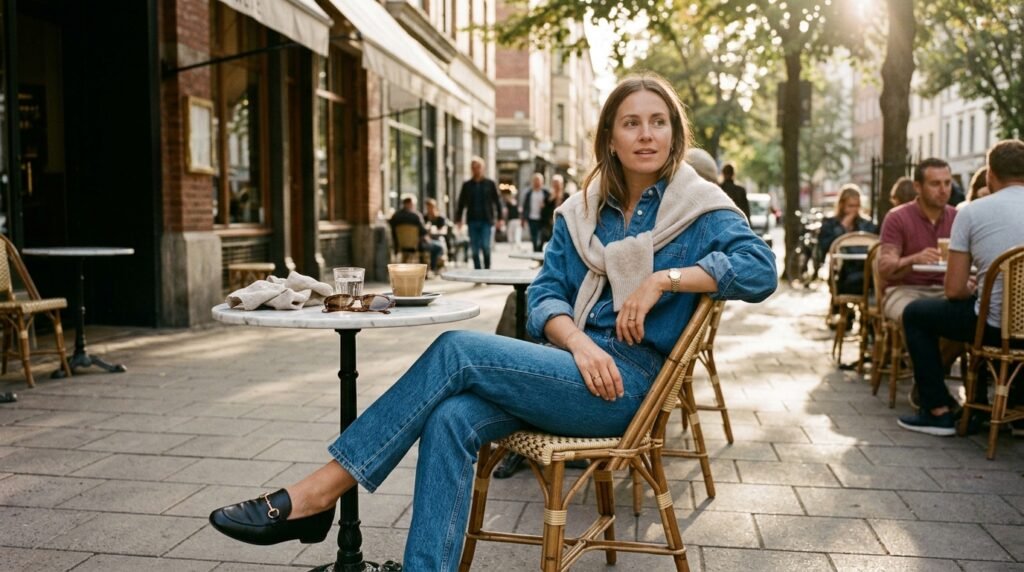 A woman sitting at a café wearing a denim shirt, jeans, and black leather loafers.