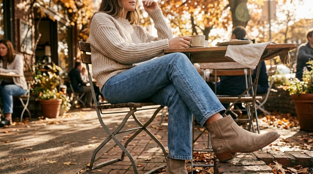 A woman sitting at a café wearing an oatmeal wool sweater, jeans, and ankle boots.
