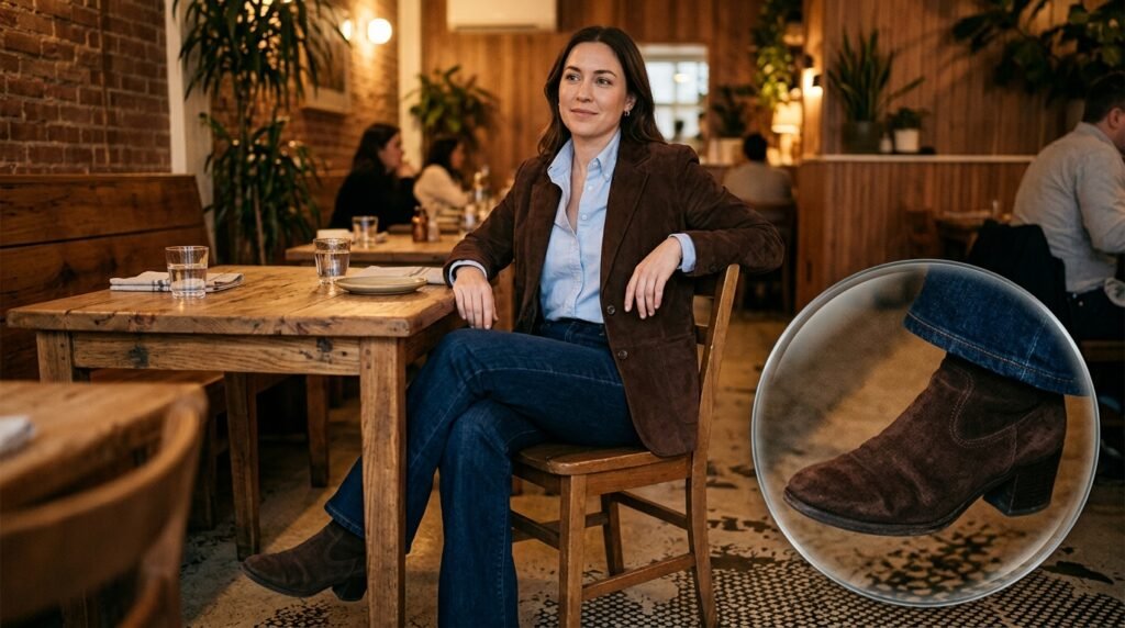 A woman sitting at a restaurant wearing an Oxford shirt, flared jeans, and a suede blazer.