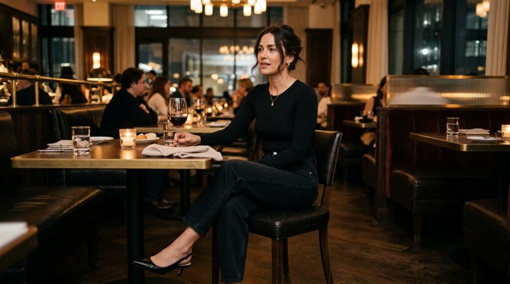 A woman sitting at a table wearing black barrel jeans, a bodysuit, and pointed-toe kitten heels.