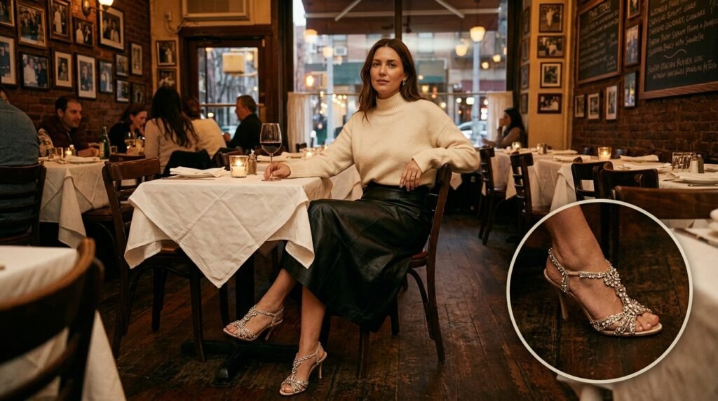 A woman at a restaurant table wearing a leather skirt, a cashmere sweater, and embellished heels.