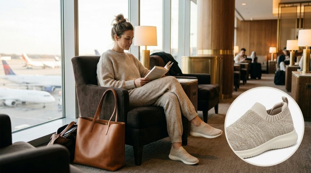 A woman sitting in an airport lounge wearing a knit lounge set and slip-on sneakers