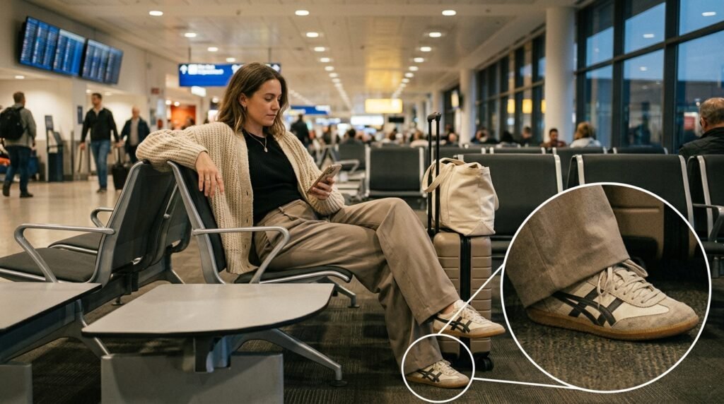 A woman sitting in an airport terminal wearing wide-leg trousers, a cardigan, and retro sneakers.