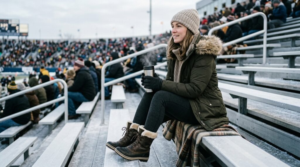 A woman sitting on frosty bleachers wearing shearling-lined winter boots and a heavy parka.