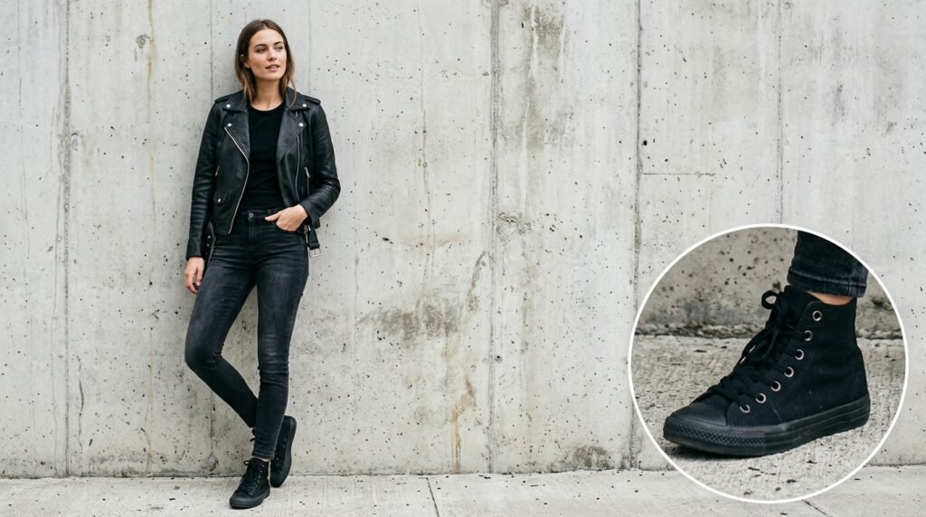 A woman wearing black skinny jeans, a black tee, a leather moto jacket, and black high top sneakers.
