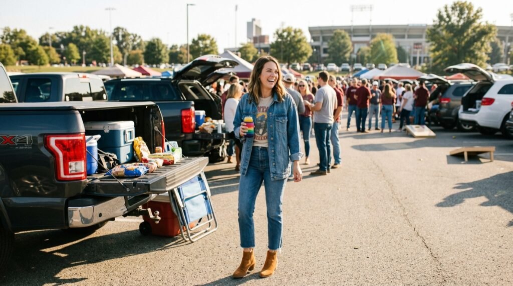 A woman at a tailgate wearing tan suede booties, cropped denim, and a denim jacket.