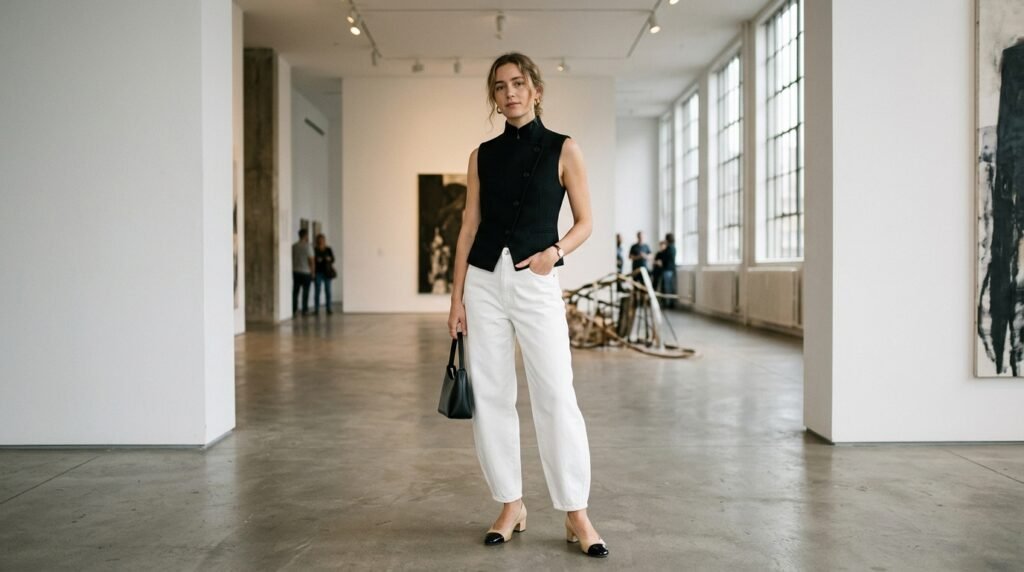 A woman in an art gallery wearing white barrel jeans, a black vest, and cap-toe low heels.