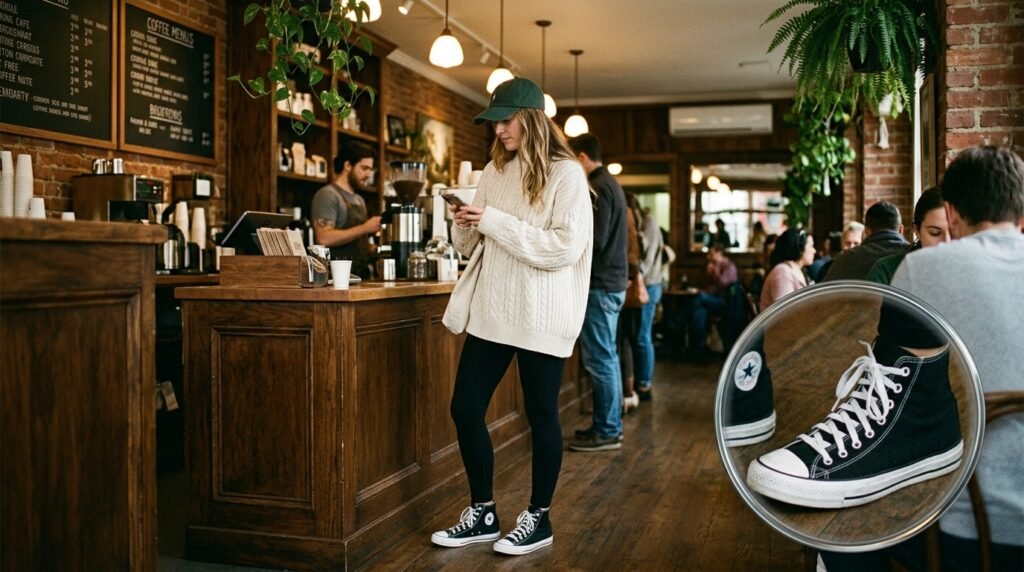 A woman in a coffee shop wearing black leggings, an oversized sweater, a cap, and black high top sneakers.
