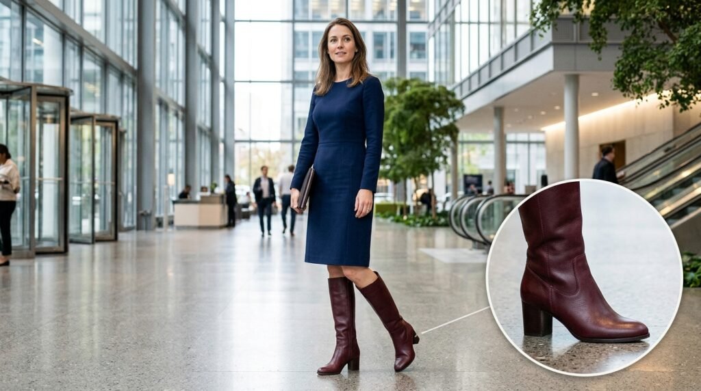 A professional woman in an office lobby wearing a navy blue dress and burgundy knee-high boots.