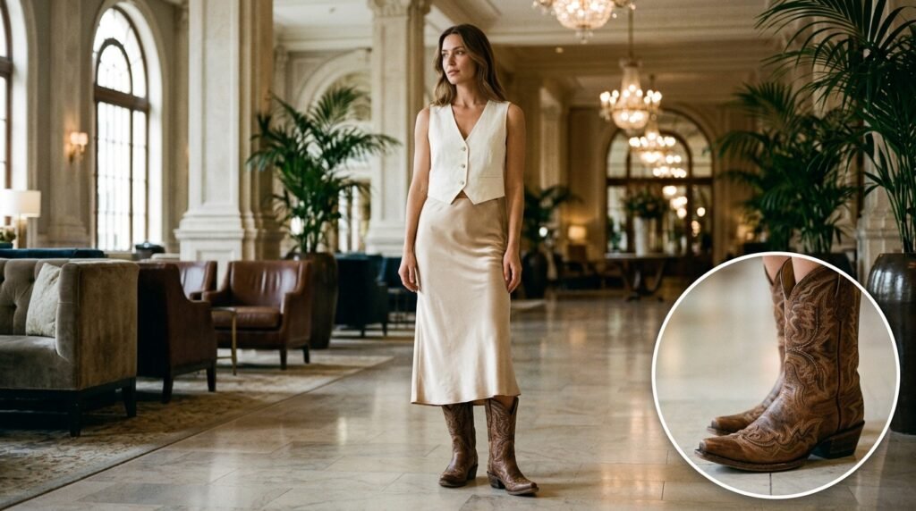 A woman standing in a lobby wearing a champagne satin skirt, an ivory cropped vest, and cowgirl boots.