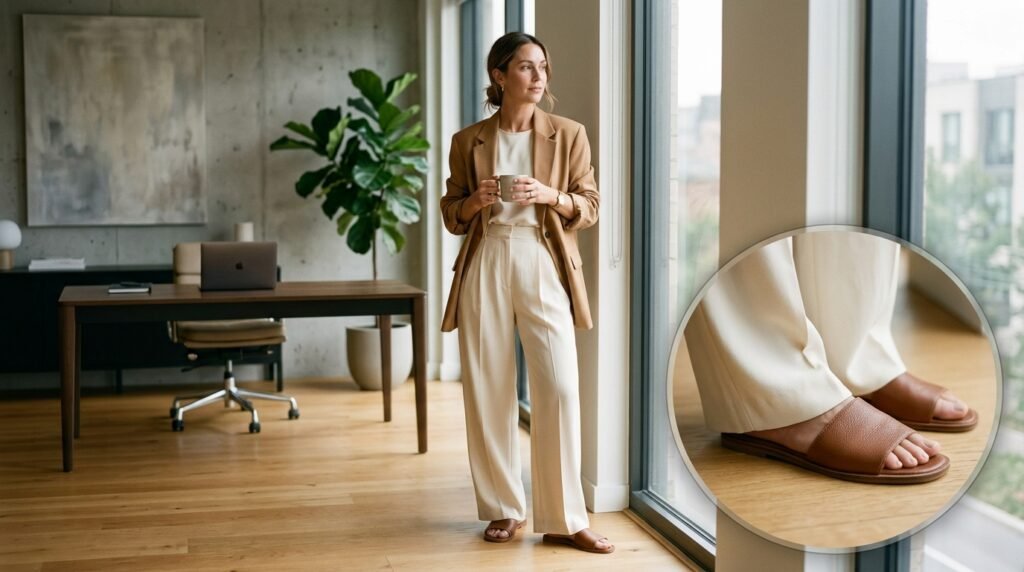 A woman in an office wearing cream wide-leg trousers, a camel blazer, and brown slide sandals.