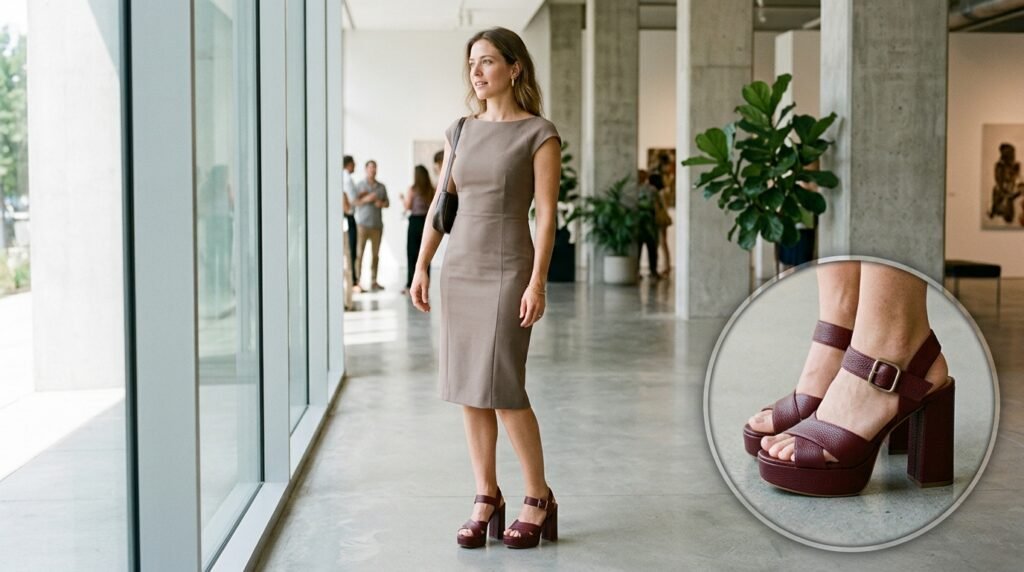 A woman wearing a taupe sheath dress and chunky burgundy platform sandals in a bright venue.