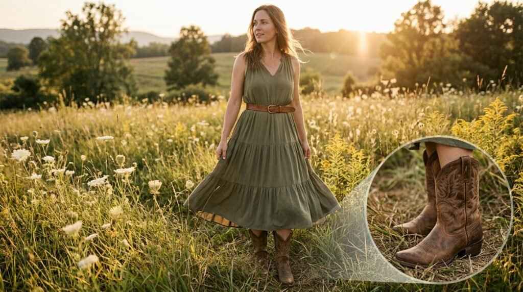 A woman in a meadow wearing an olive green midi dress, a belt, and cowgirl boots at golden hour.