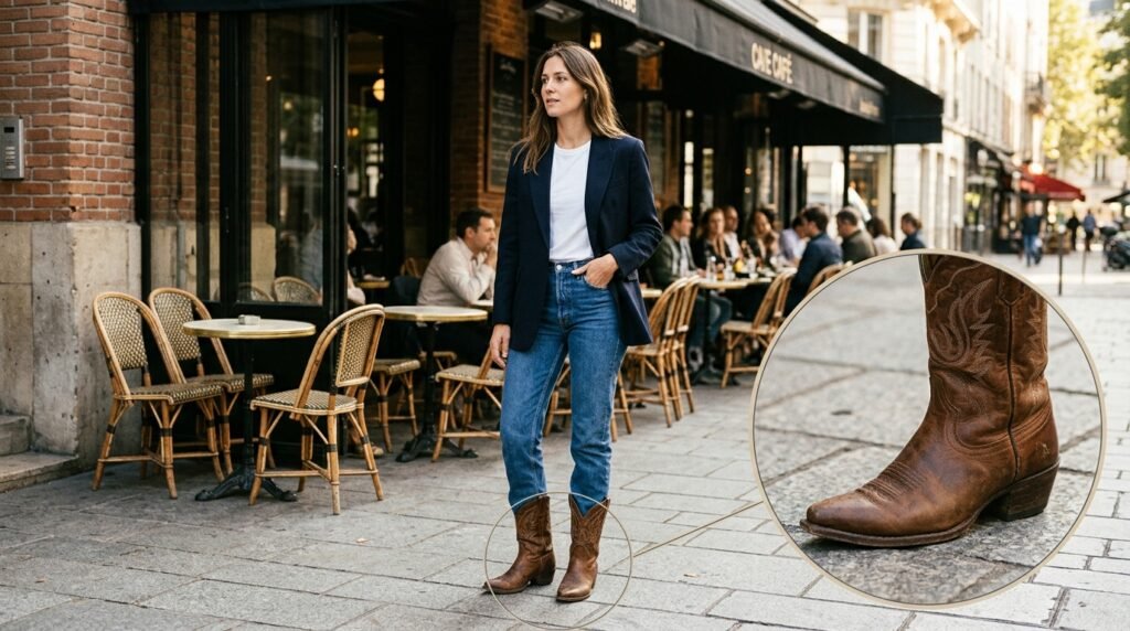 A woman standing near a cafe wearing straight-leg jeans, a white tee, a navy blazer, and cowgirl boots.
