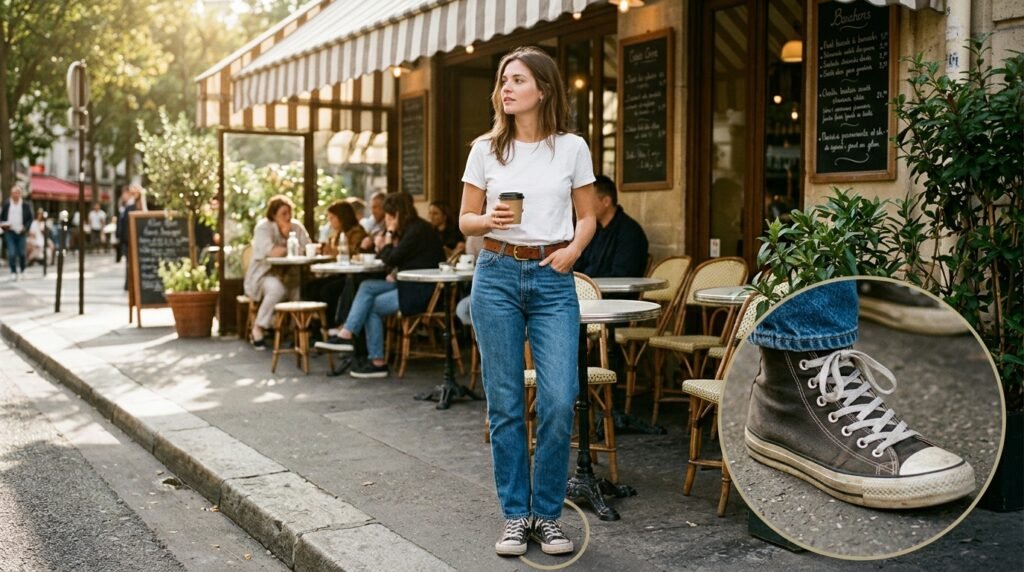 A woman standing near a cafe wearing straight-leg jeans, a white t-shirt, and high top sneakers.