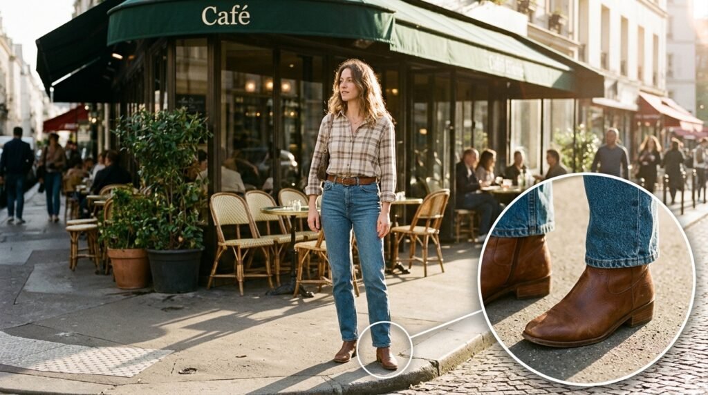 A woman standing near a cafe wearing a plaid button-up shirt, straight jeans, and brown ankle boots.