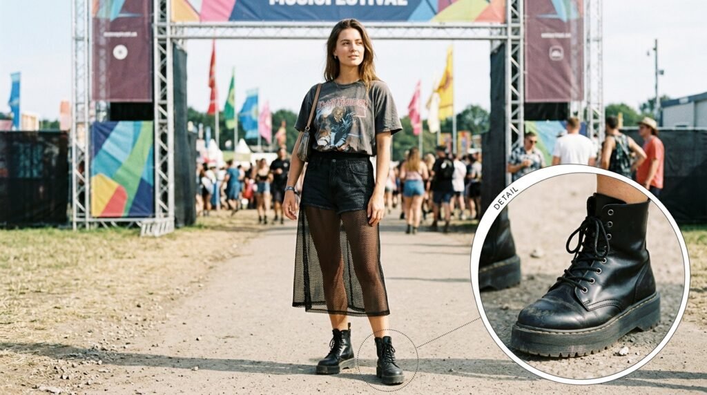 A woman standing near a festival gate wearing a graphic tee, a sheer mesh skirt, and combat boots.