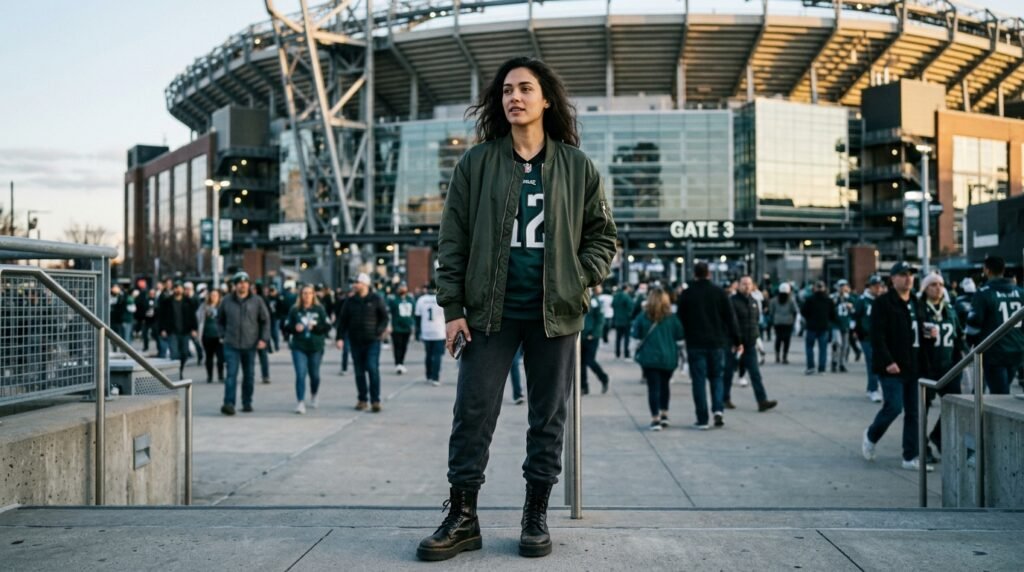 A woman standing in a plaza wearing lace-up black combat boots, joggers, and a team jersey.