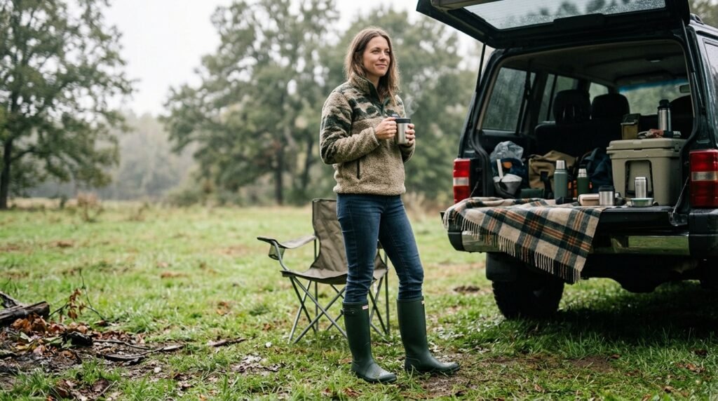 A woman standing on grass wearing neutral rubber rain boots, jeans, and a fleece pullover.