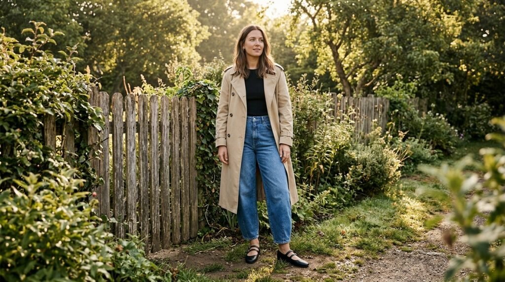 A woman wearing medium-wash barrel jeans, a black top, a trench coat, and Mary Jane flats near a fence.