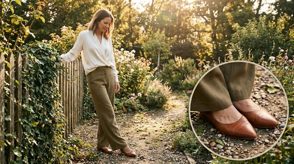 A woman wearing wide-leg trousers, a silk blouse, and pointed-toe flats near a fence.