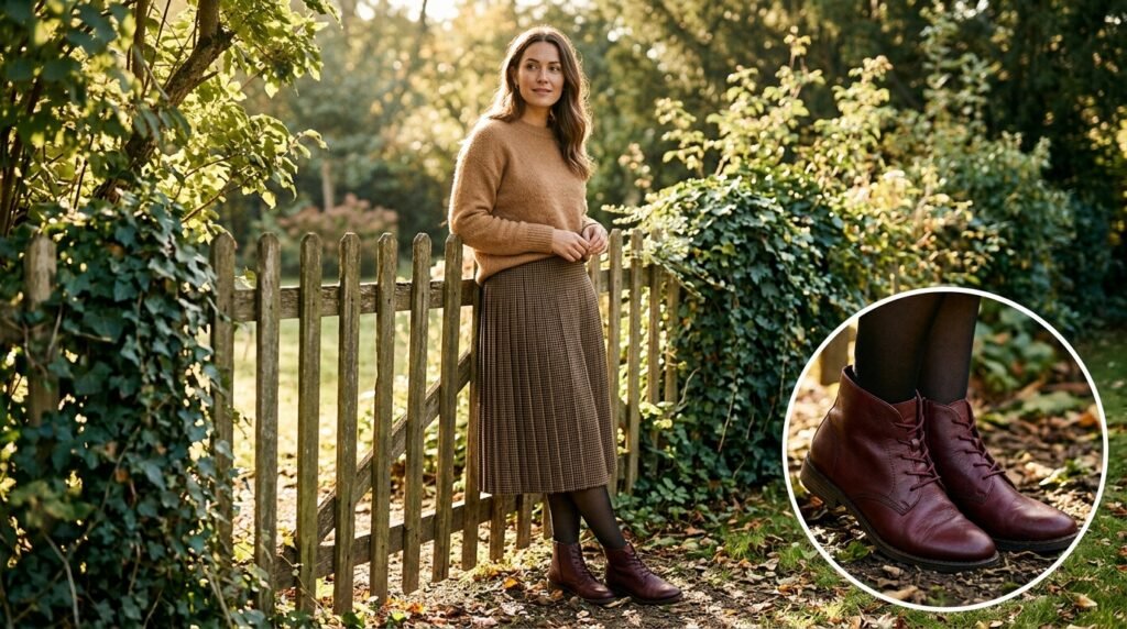 A woman wearing a checked skirt, a camel sweater, tights, and burgundy boots near a fence.