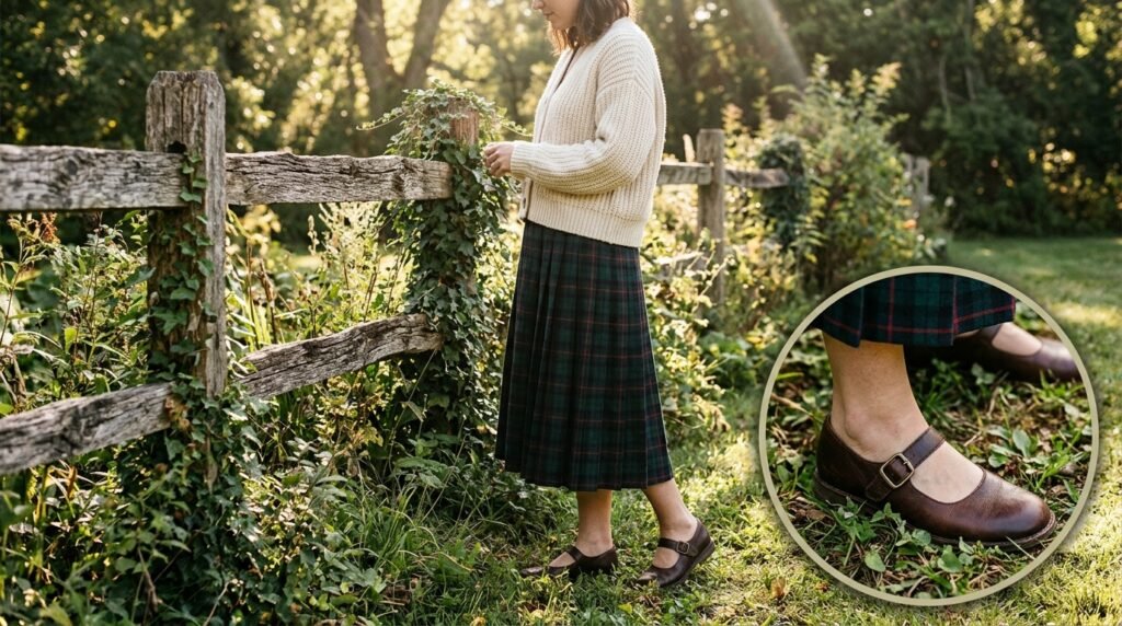 A woman wearing a tartan plaid skirt, a cardigan, and Mary Jane flats near a wooden fence.