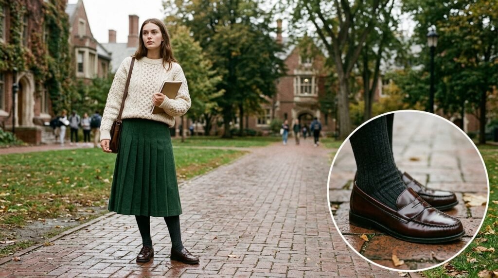 A woman walking outdoors wearing a cable-knit sweater, pleated skirt, tights, and loafers.