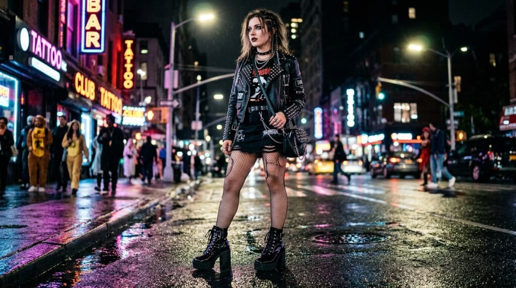 Woman wearing high-gloss black platform block-heel boots for a baddie Halloween costume.